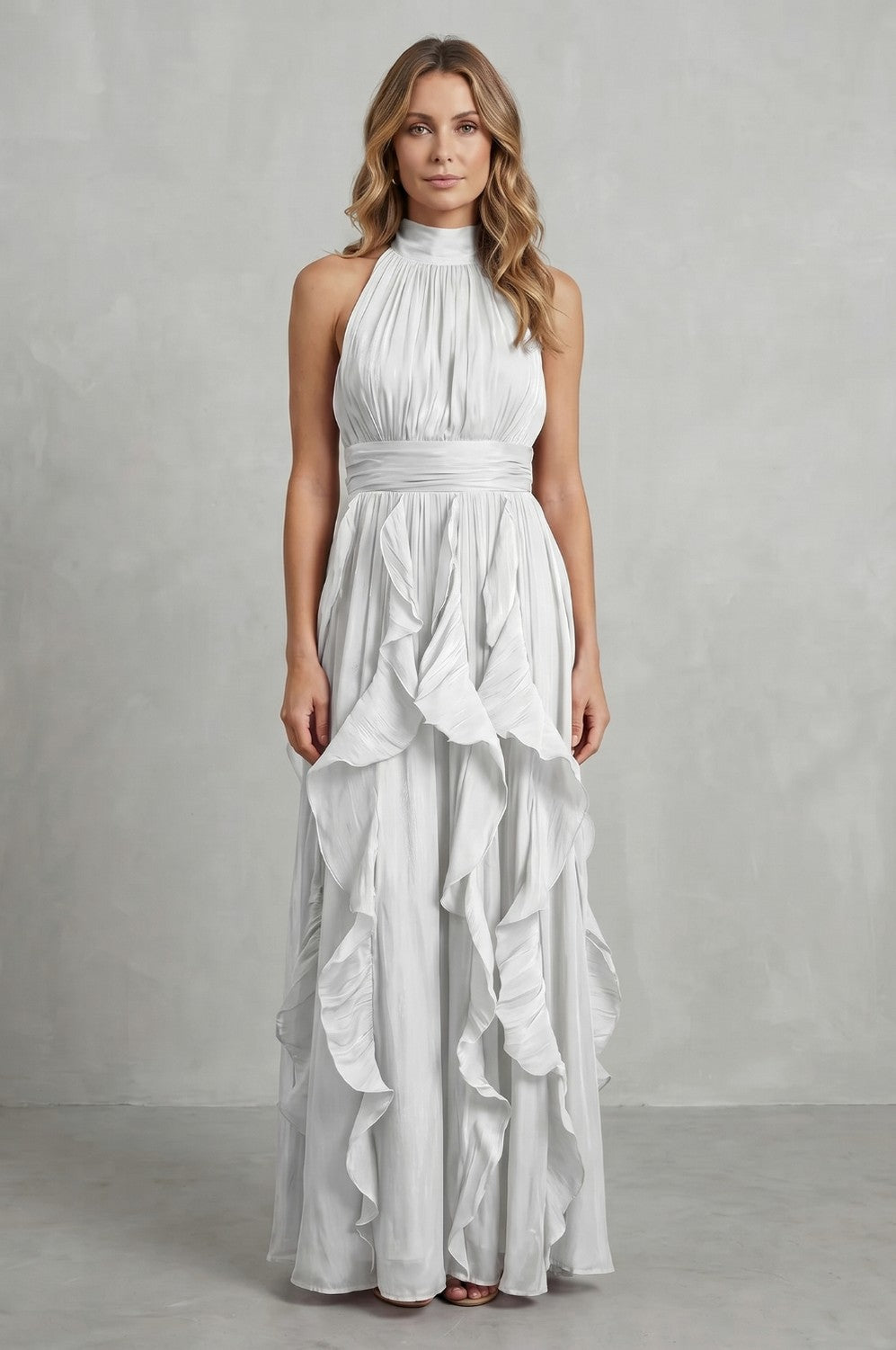 Halter Pleated Tiered Maxi Dress