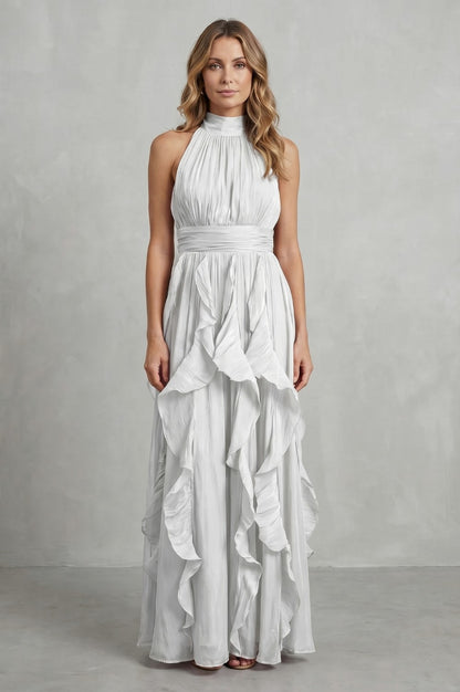 Halter Pleated Tiered Maxi Dress