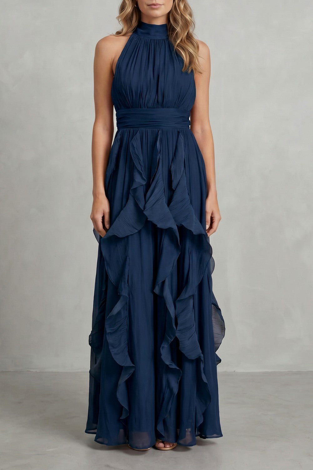 Halter Pleated Tiered Maxi Dress