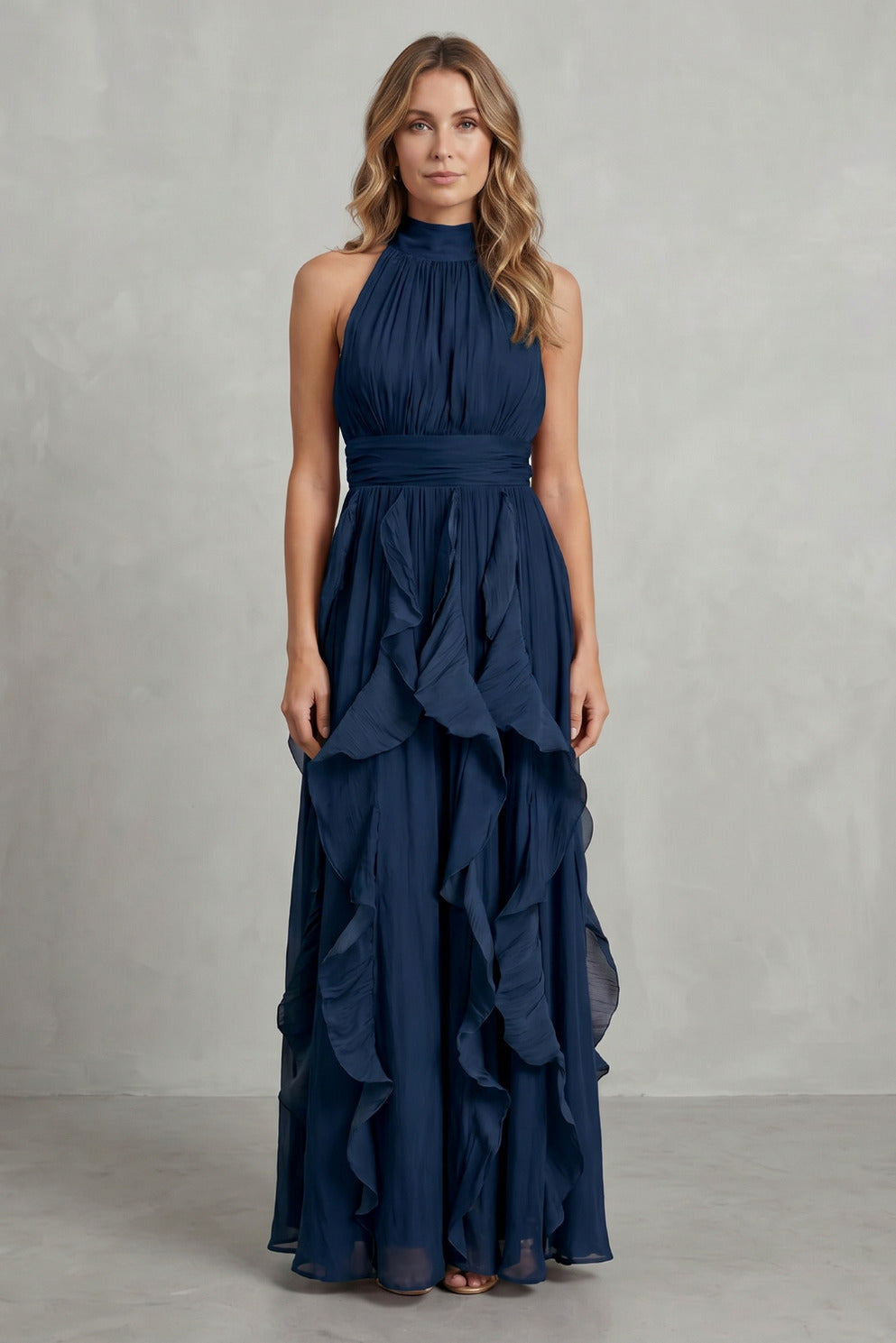 Halter Pleated Tiered Maxi Dress