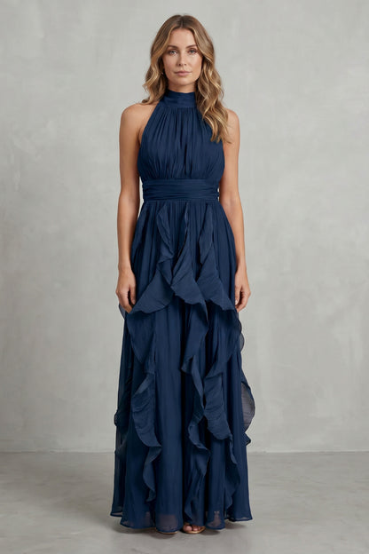 Halter Pleated Tiered Maxi Dress