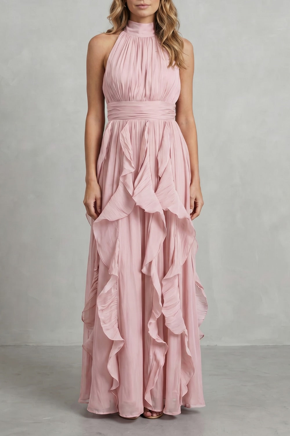 Halter Pleated Tiered Maxi Dress