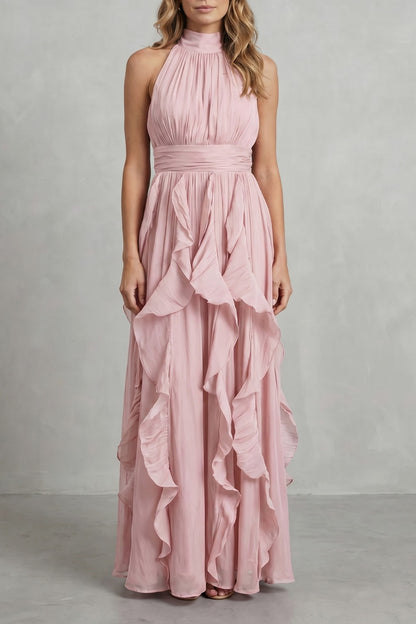 Halter Pleated Tiered Maxi Dress