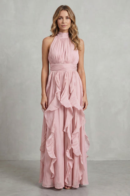 Halter Pleated Tiered Maxi Dress