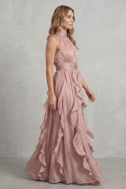 Halter Pleated Tiered Maxi Dress