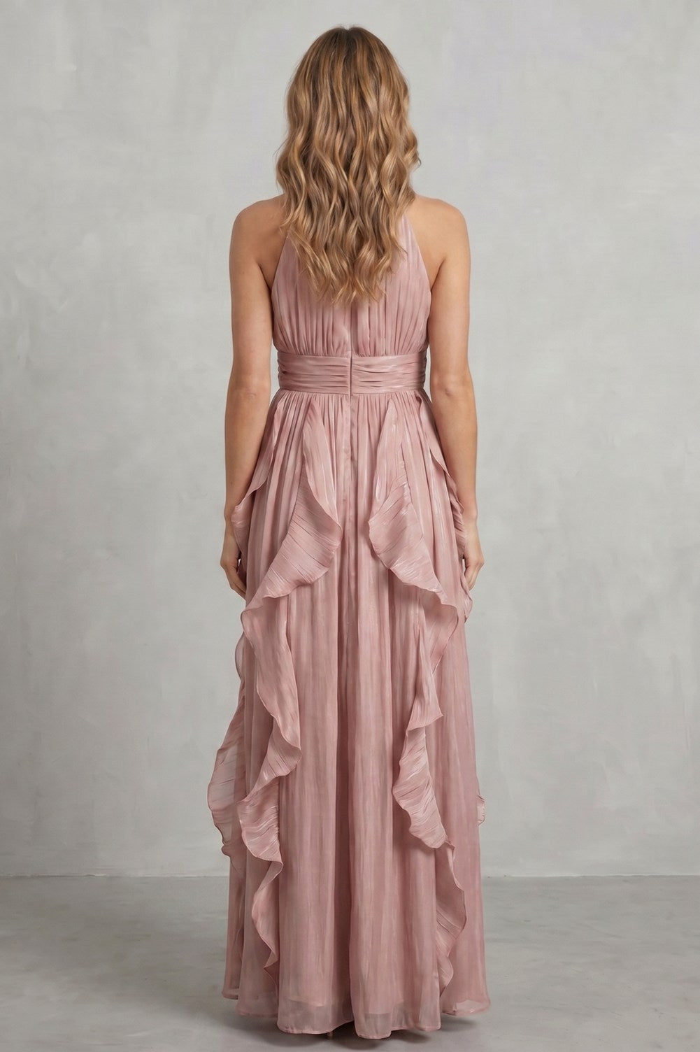 Halter Pleated Tiered Maxi Dress