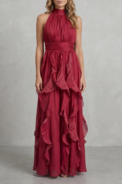 Halter Pleated Tiered Maxi Dress