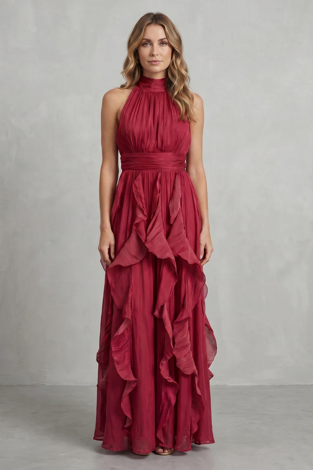 Halter Pleated Tiered Maxi Dress