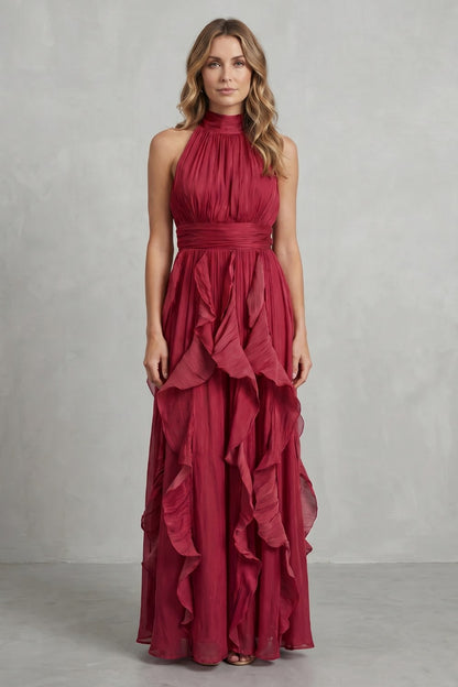 Halter Pleated Tiered Maxi Dress