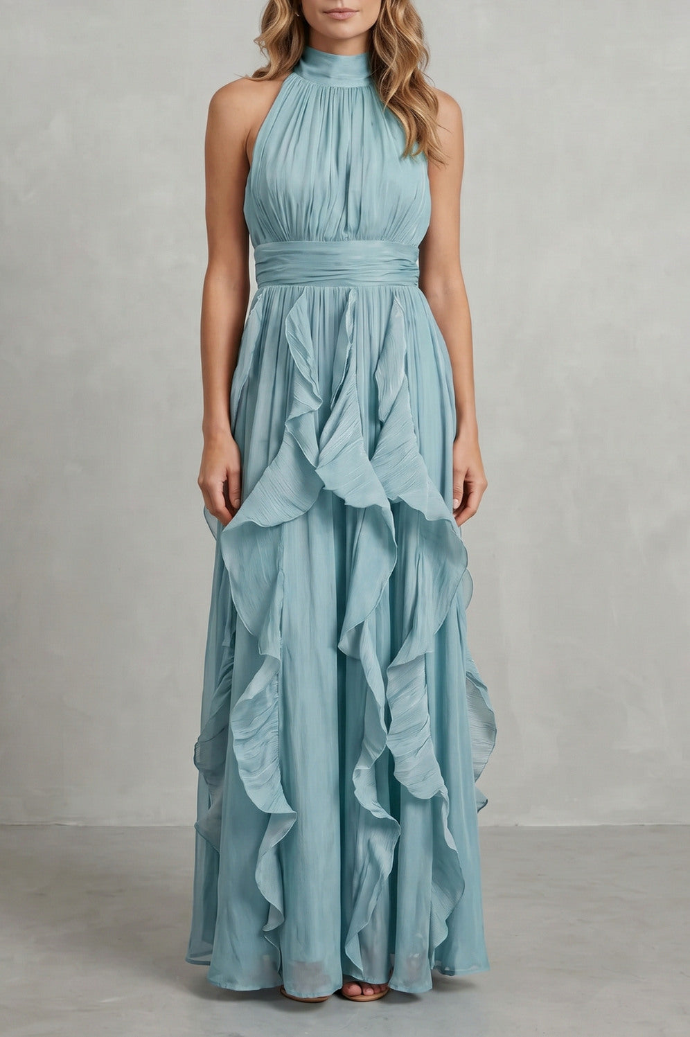 Halter Pleated Tiered Maxi Dress
