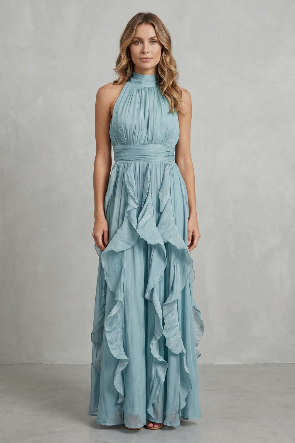 Halter Pleated Tiered Maxi Dress
