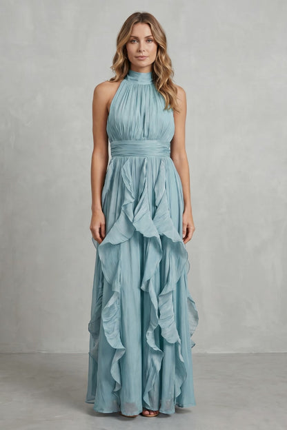 Halter Pleated Tiered Maxi Dress