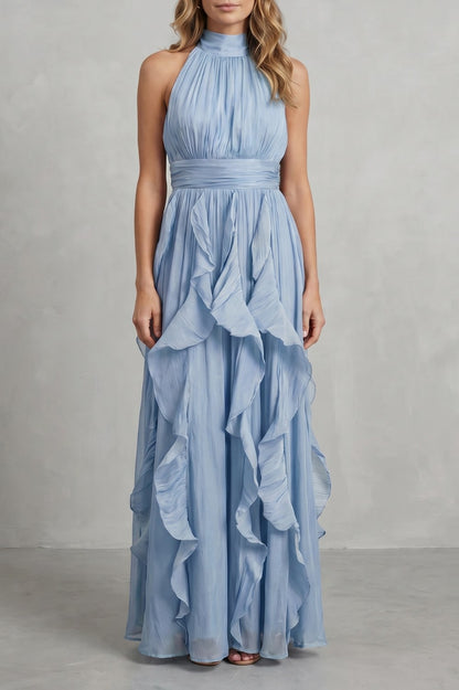 Halter Pleated Tiered Maxi Dress