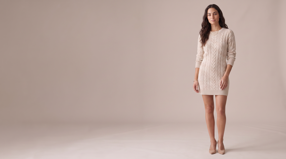 IBIANCO cable-knit sweater dress in cream, editorial hero