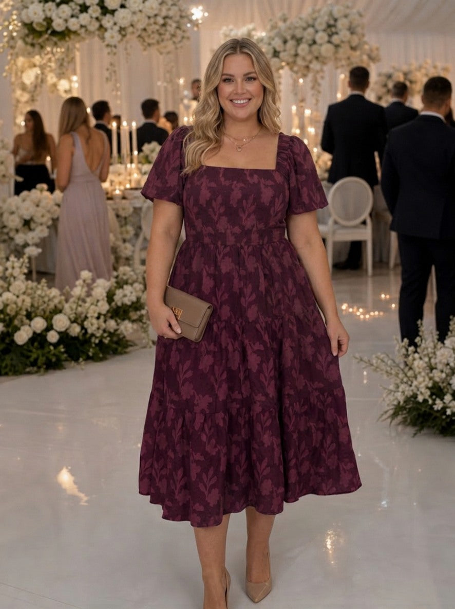 Lace Square Neck Tiered Midi Dress