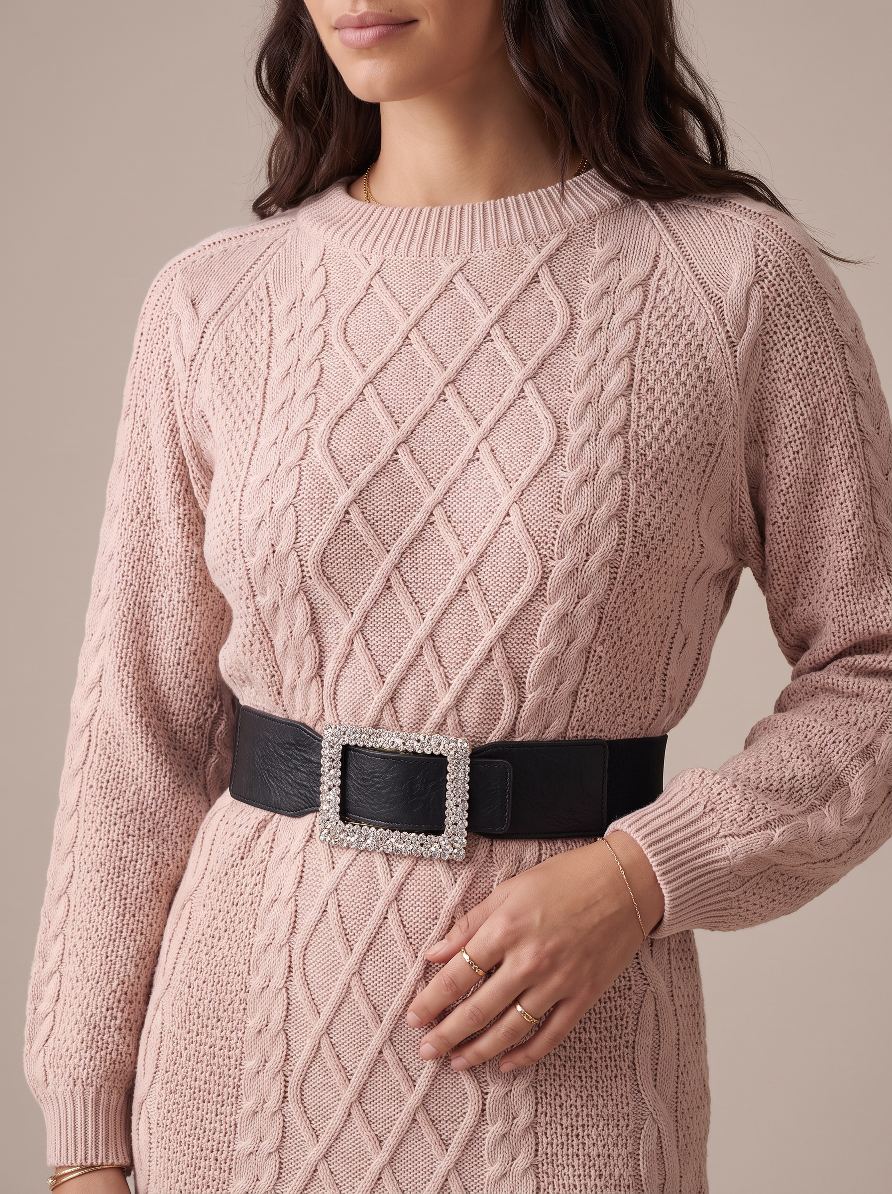 IBIANCO Amara diamond lattice cable knit and crystal belt buckle detail