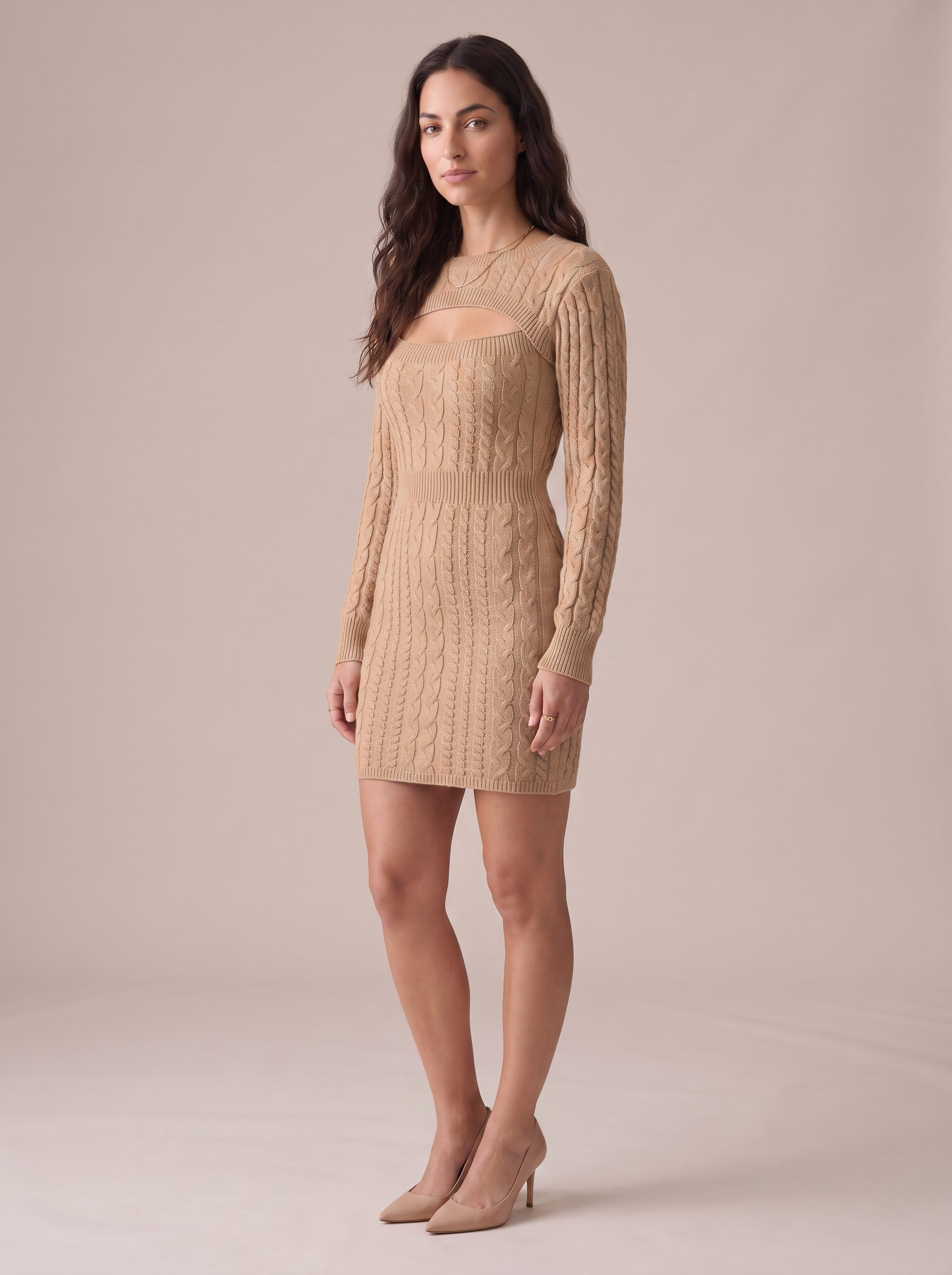 IBIANCO Sienna camel cutout knit mini dress, three-quarter view