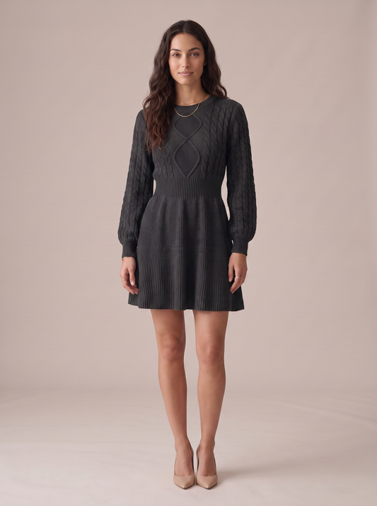IBIANCO Mila charcoal cable-knit fit and flare dress, front view
