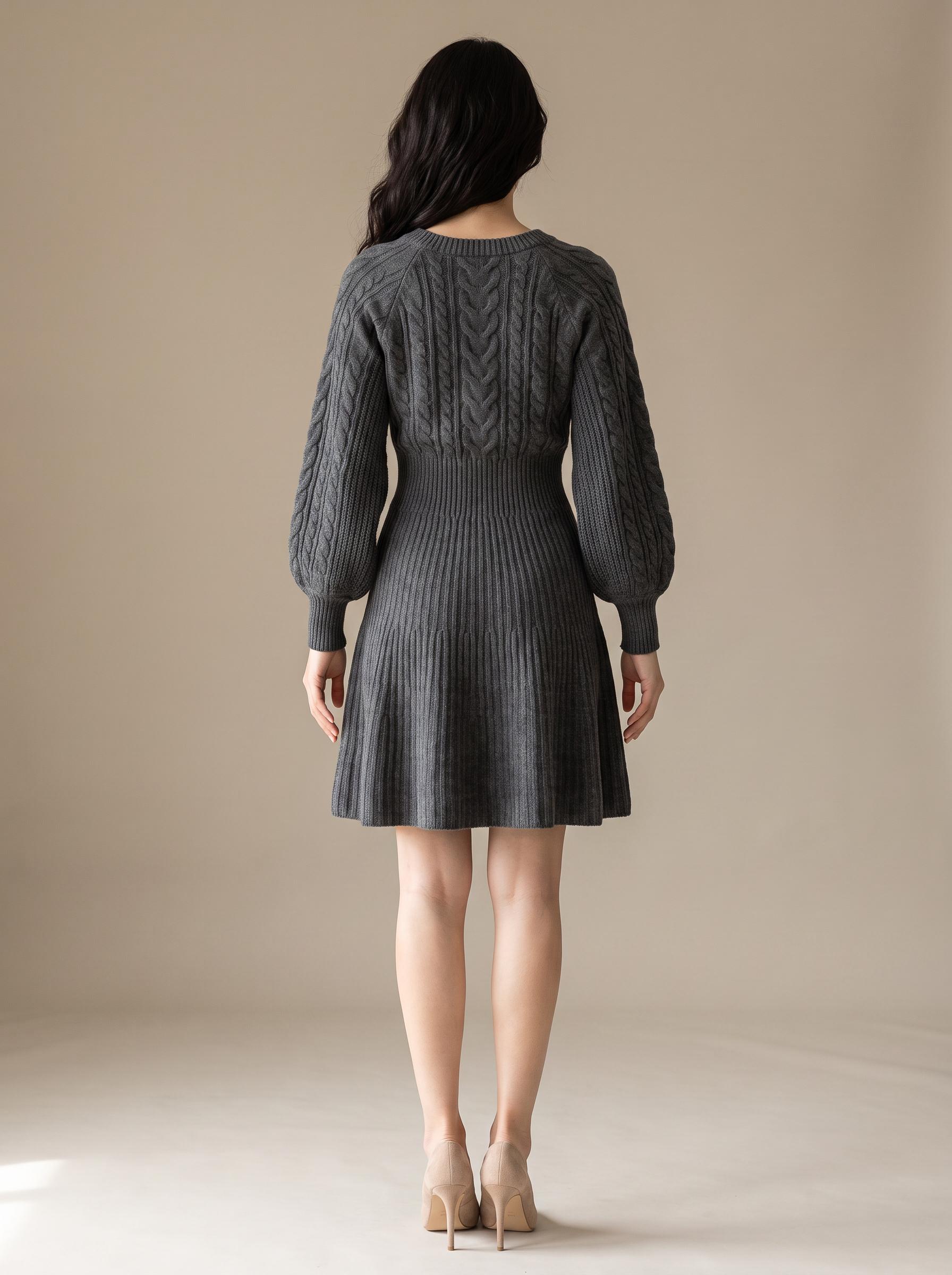IBIANCO Mila charcoal cable-knit flare dress, back view