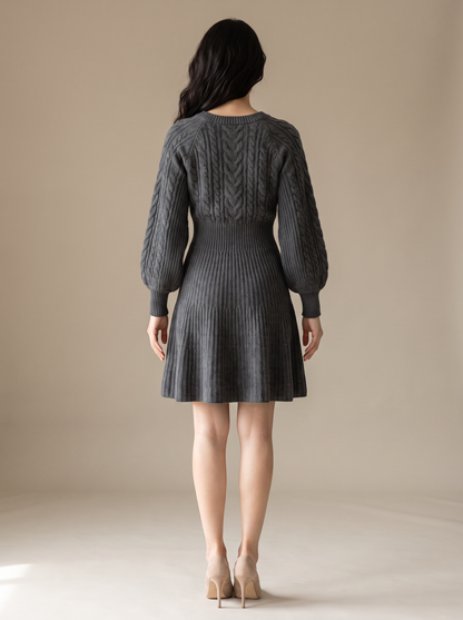 IBIANCO Mila charcoal cable-knit flare dress, back view