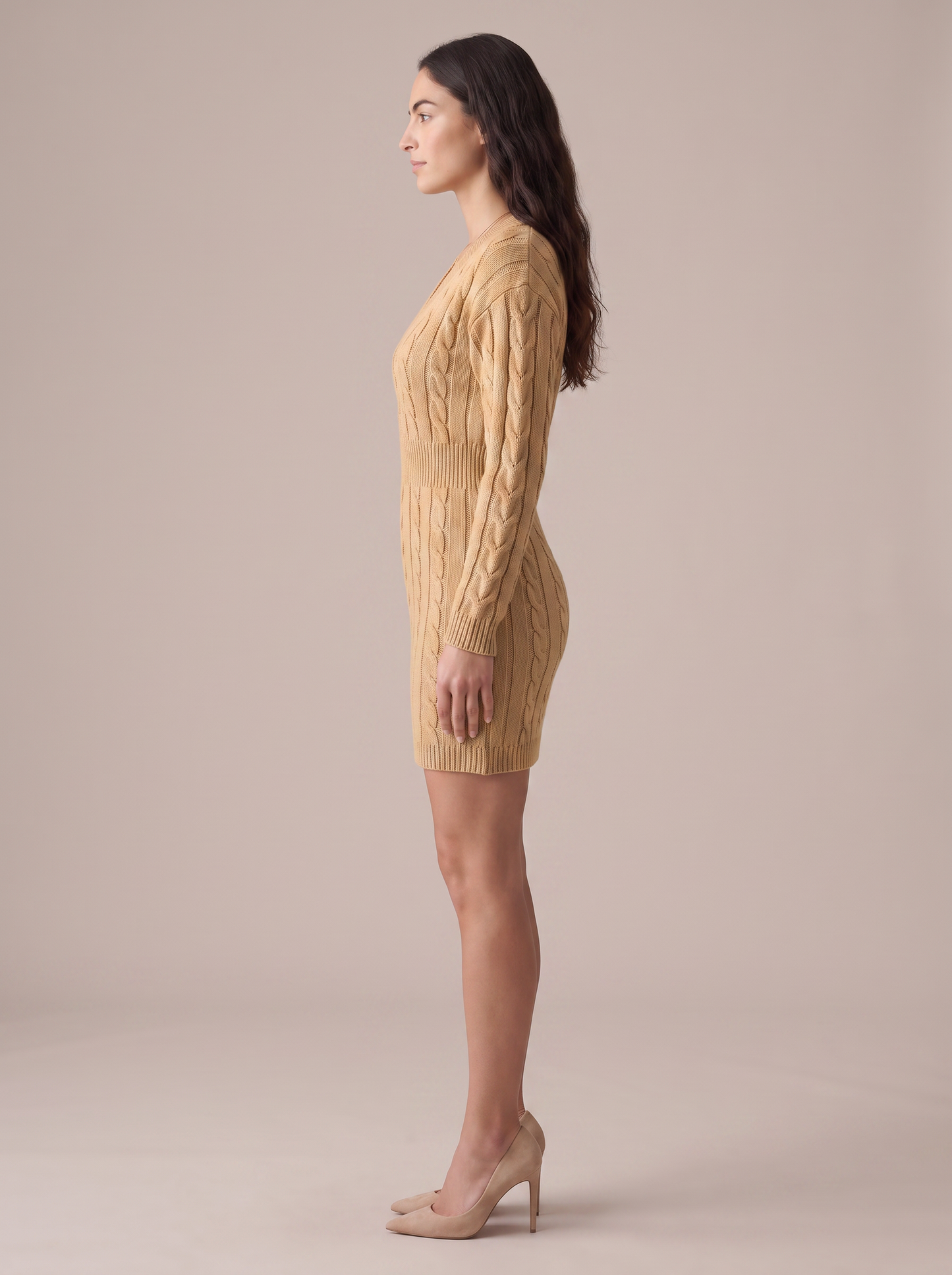 IBIANCO Livia camel V-neck cable-knit dress, side profile