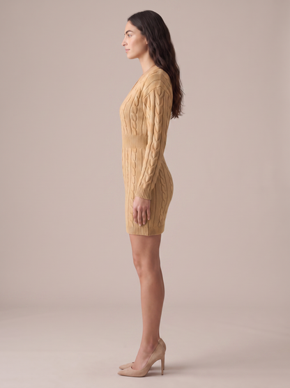 IBIANCO Livia camel V-neck cable-knit dress, side profile