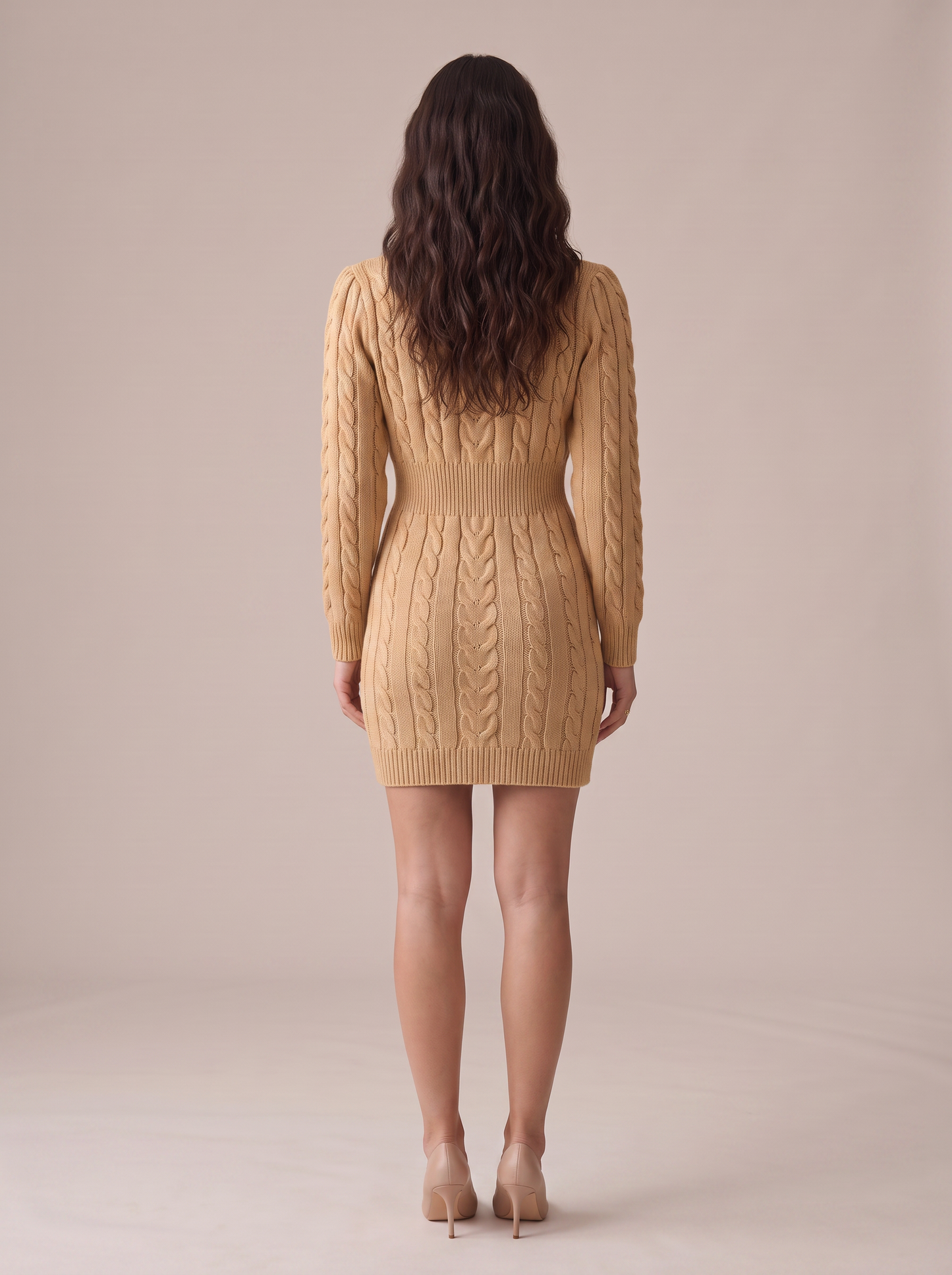 IBIANCO Livia camel V-neck cable-knit dress, back view