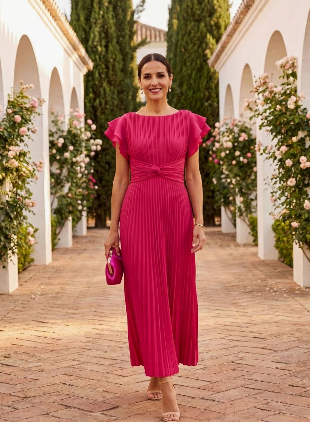 Pleated Flutter Sleeve Maxi Dress