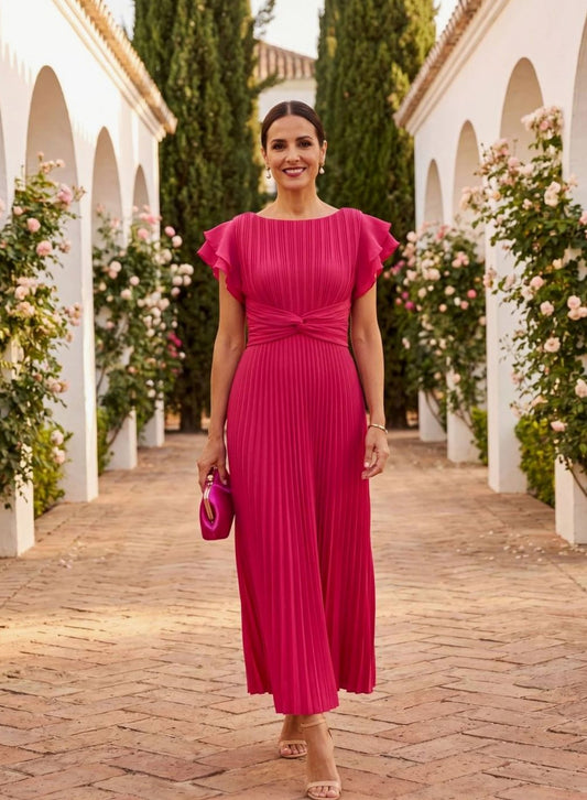 Pleated Flutter Sleeve Maxi Dress