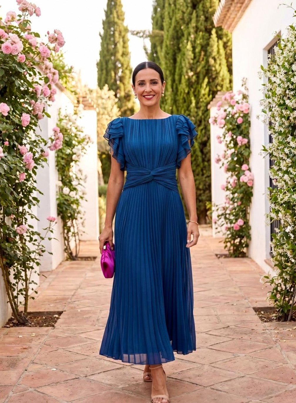 Pleated Flutter Sleeve Maxi Dress