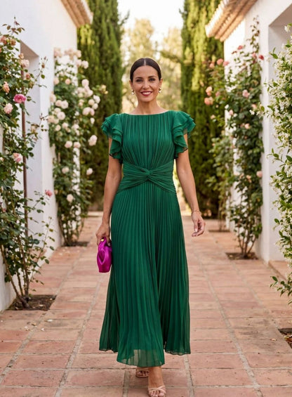 Pleated Flutter Sleeve Maxi Dress