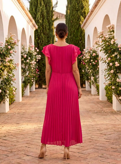 Pleated Flutter Sleeve Maxi Dress