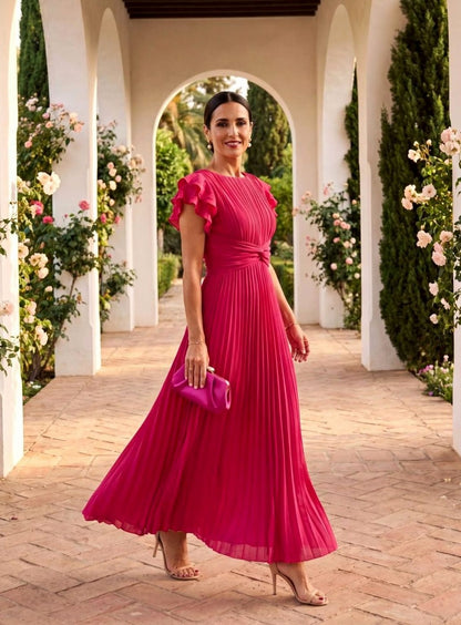 Pleated Flutter Sleeve Maxi Dress
