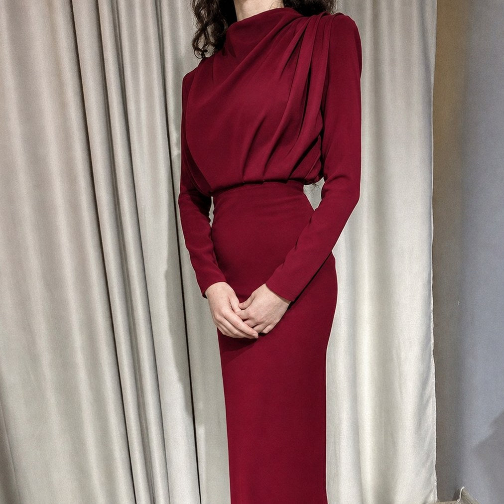 Pleated Mock Neck Midi Dress