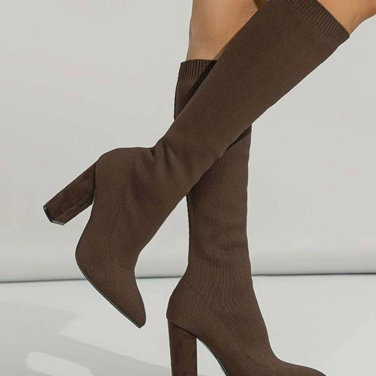 Pointed Toe Block Heel Knit Boots