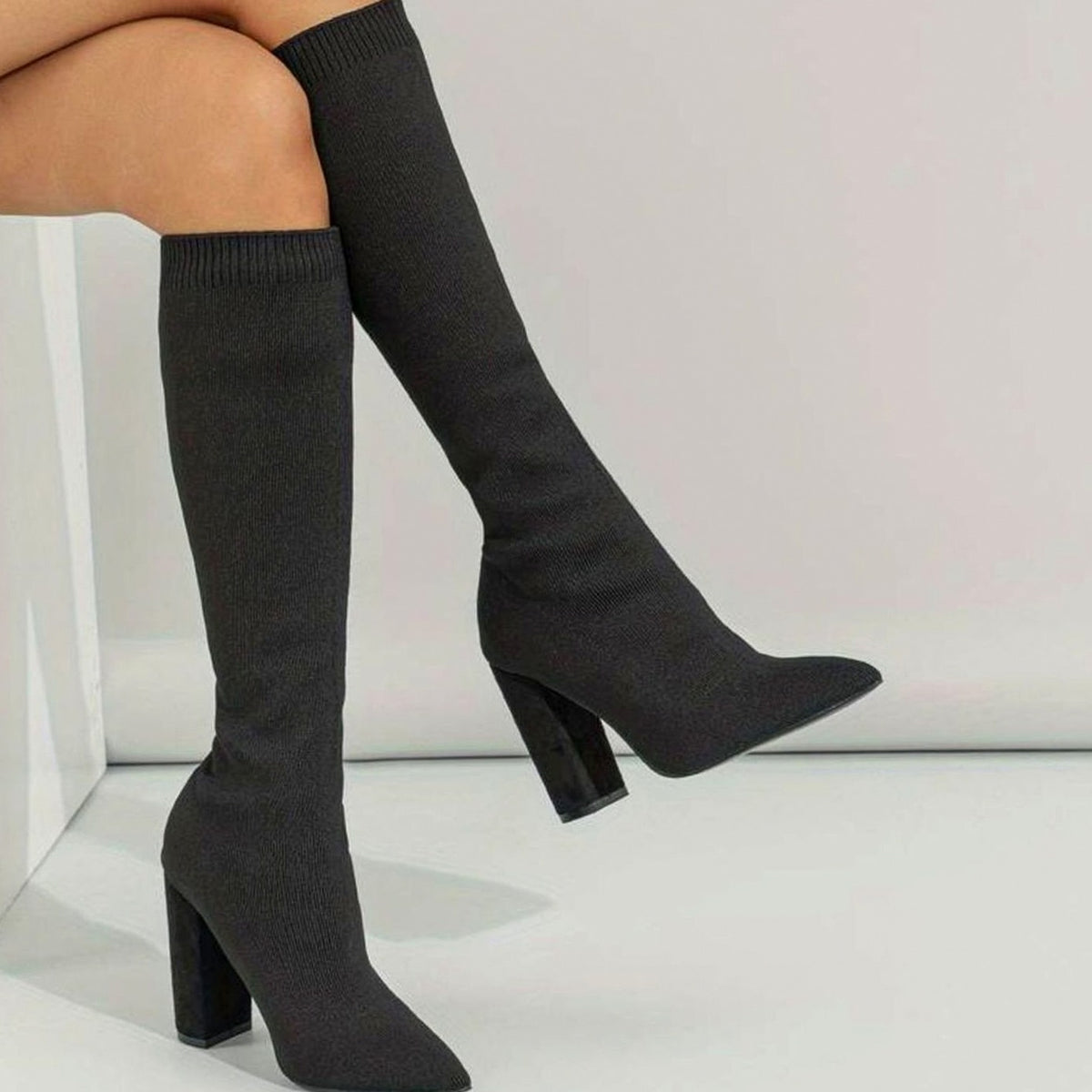 Pointed Toe Block Heel Knit Boots