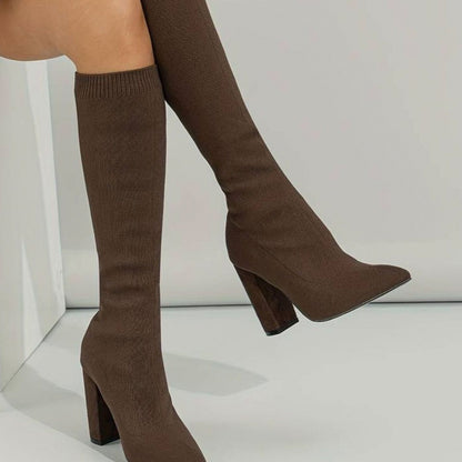 Pointed Toe Block Heel Knit Boots