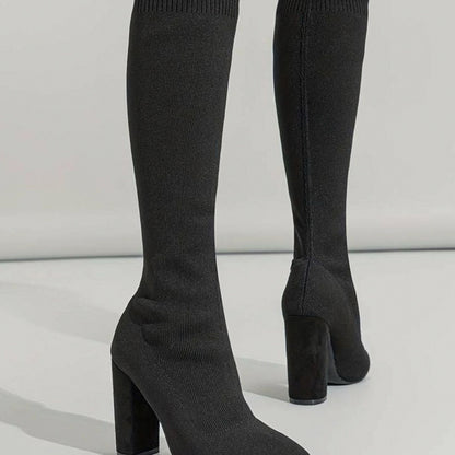 Pointed Toe Block Heel Knit Boots