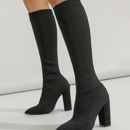 Pointed Toe Block Heel Knit Boots