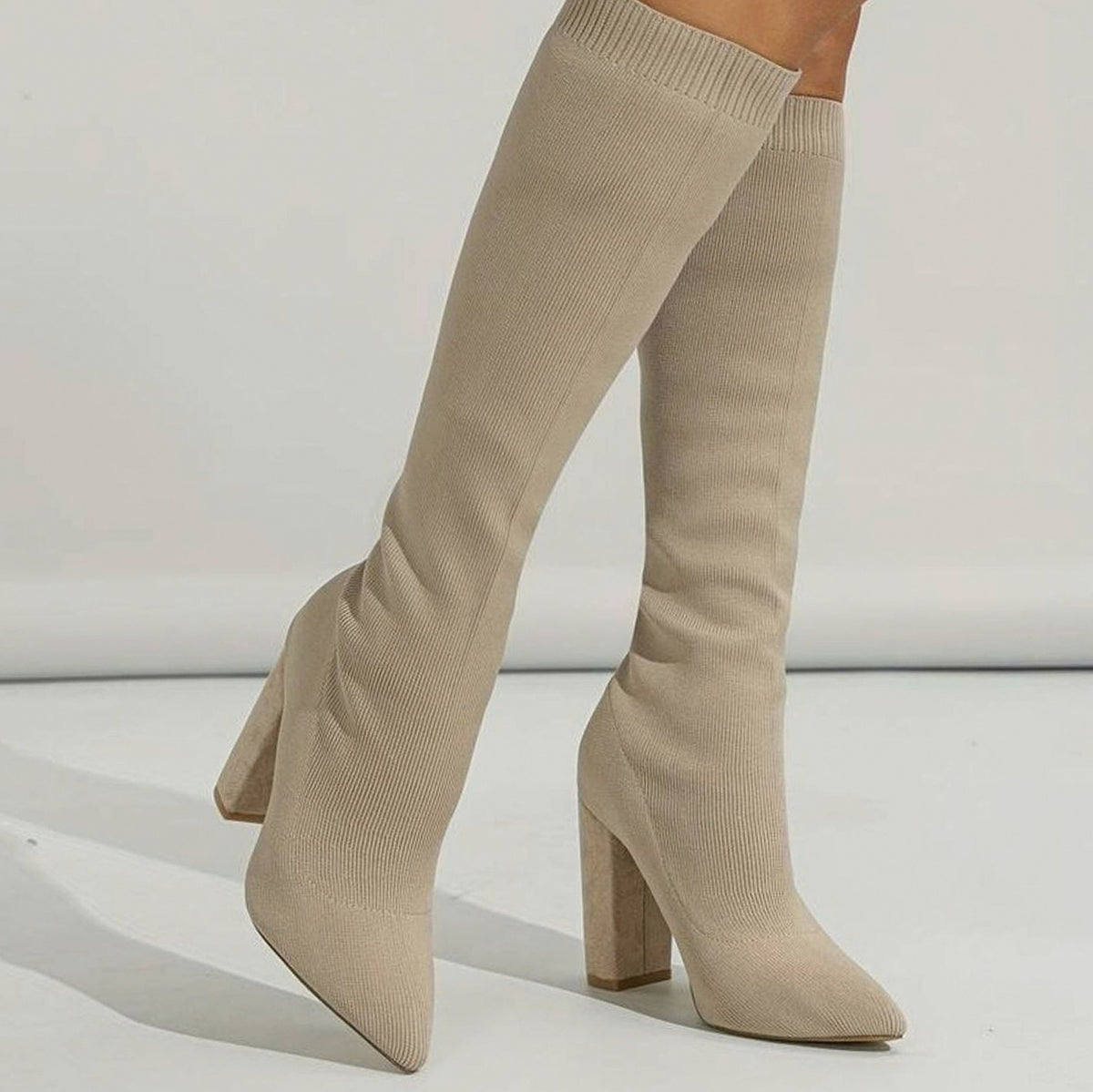 Pointed Toe Block Heel Knit Boots