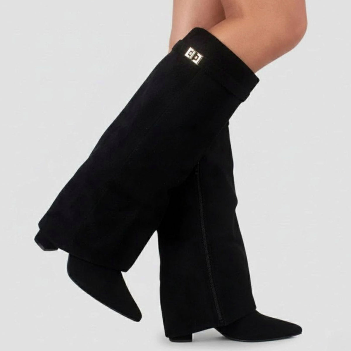 Pointed Toe Fold Over Knee High Boots