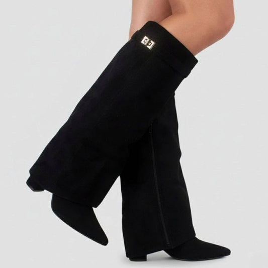 Pointed Toe Fold Over Knee High Boots