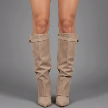 Pointed Toe Fold Over Knee High Boots
