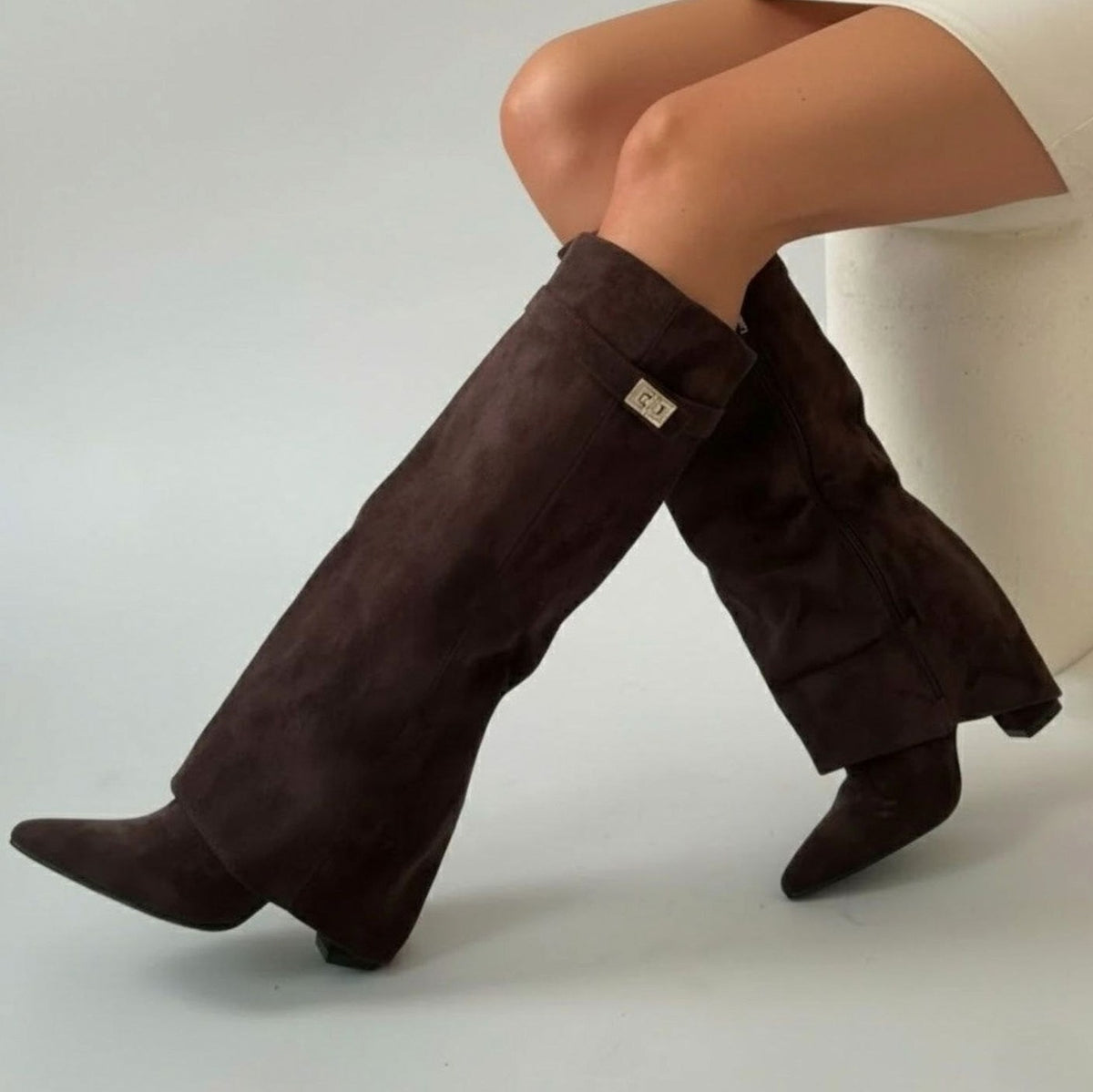 Pointed Toe Fold Over Knee High Boots