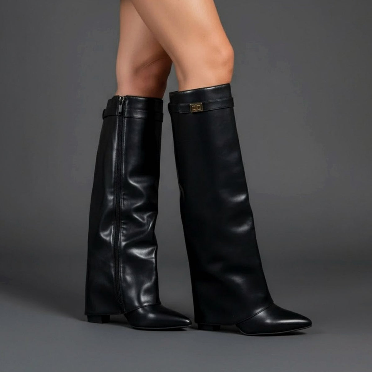 Pointed Toe Fold Over Knee High Boots