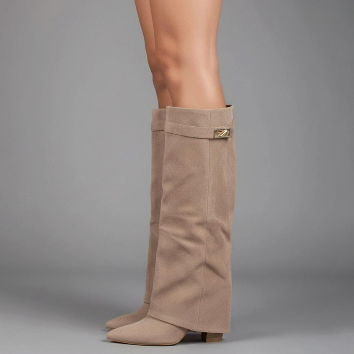 Pointed Toe Fold Over Knee High Boots