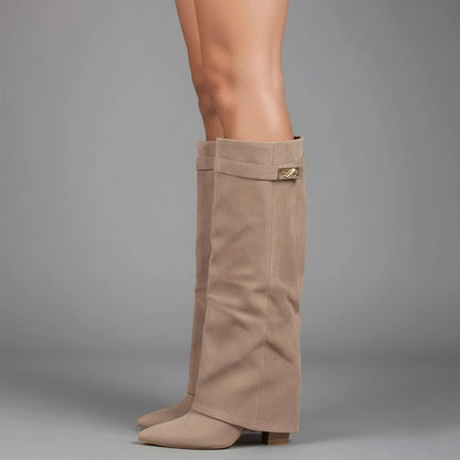 Pointed Toe Fold Over Knee High Boots