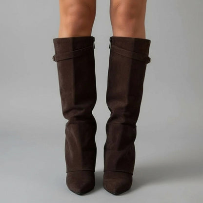 Pointed Toe Fold Over Knee High Boots
