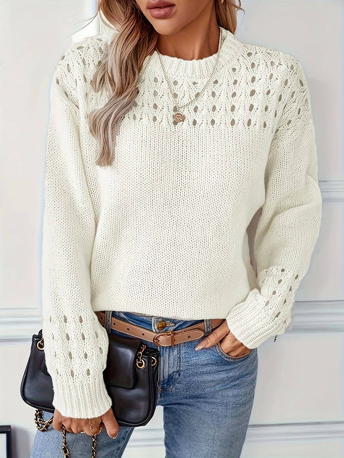 Pointelle Crewneck Knit Sweater