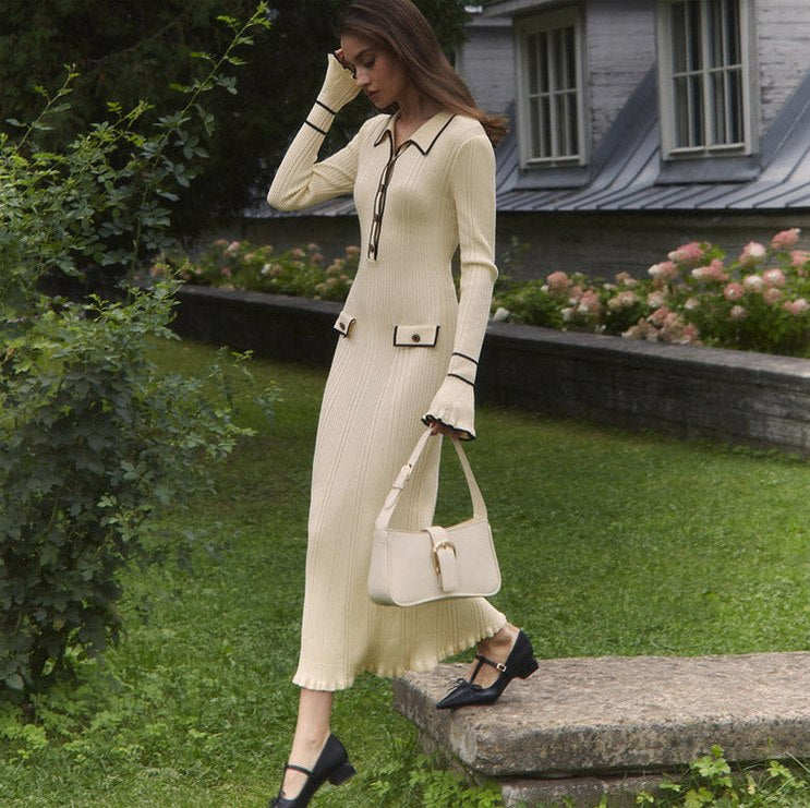 Ribbed Knit Collared Maxi Sweater Dress